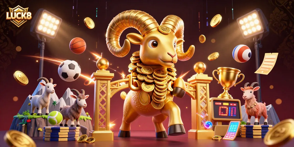 LUCK8 offers thrilling sports betting gameplay, featuring dynamic golden ram, sports balls, and vibrant casino elements.
