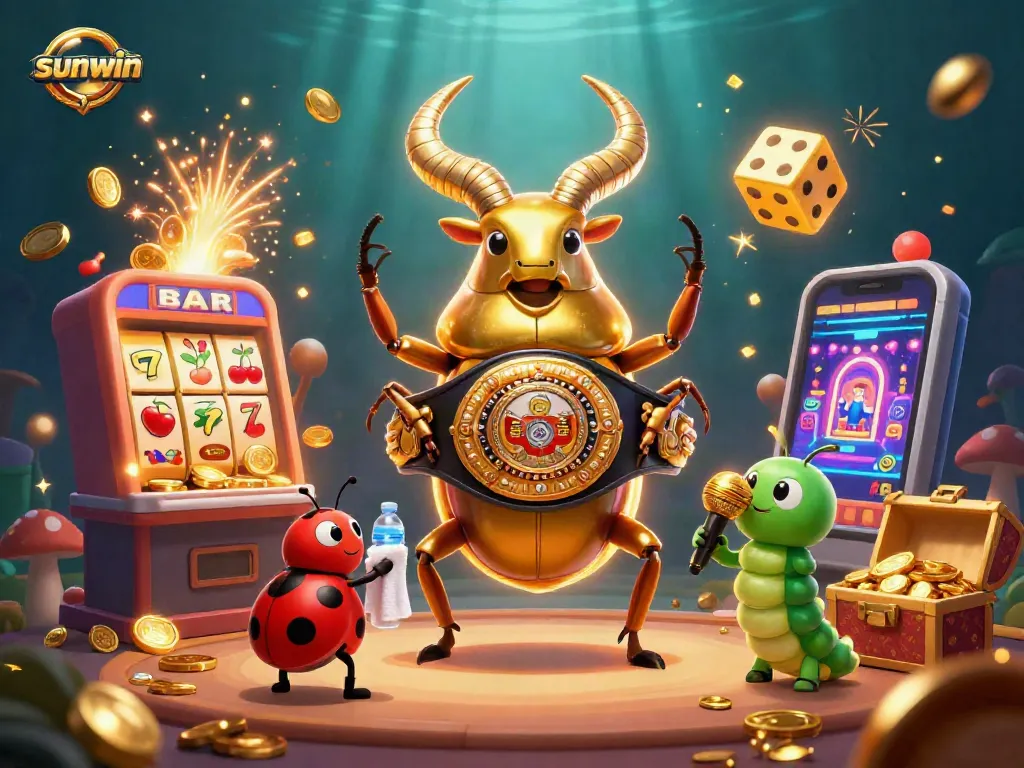 Experience thrilling action with sunwin's giant beetle boxing illustration showcasing vibrant casino elements.