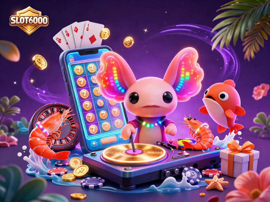 Experience vibrant entertainment with SLOT6000, featuring a DJ axolotl and dynamic casino elements.
