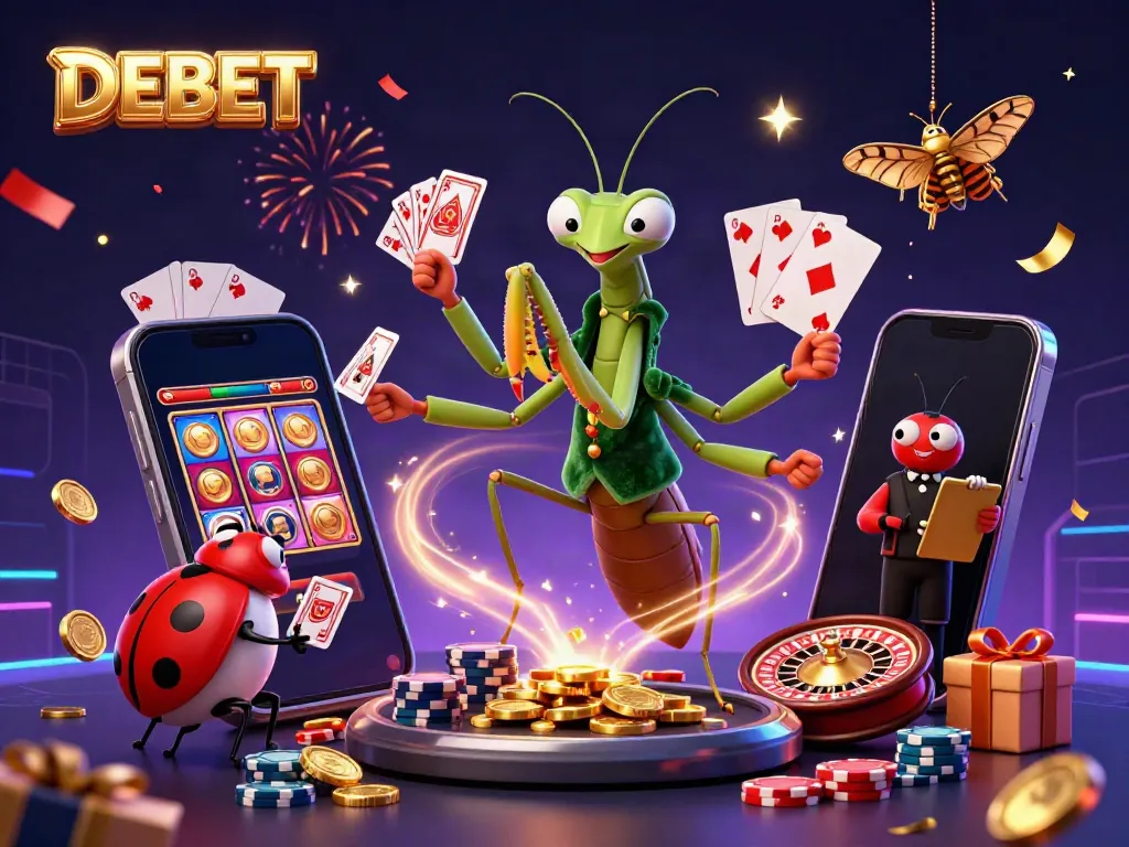 Engaging 3D cartoon scene showcasing the DEBET platform with a giant praying mantis dealing cards, ladybug pit boss, and vibrant casino elements.