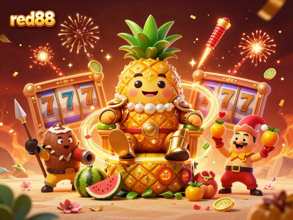 Discover thrilling gameplay at red88 with a vibrant casino scene featuring slot reels and golden characters.