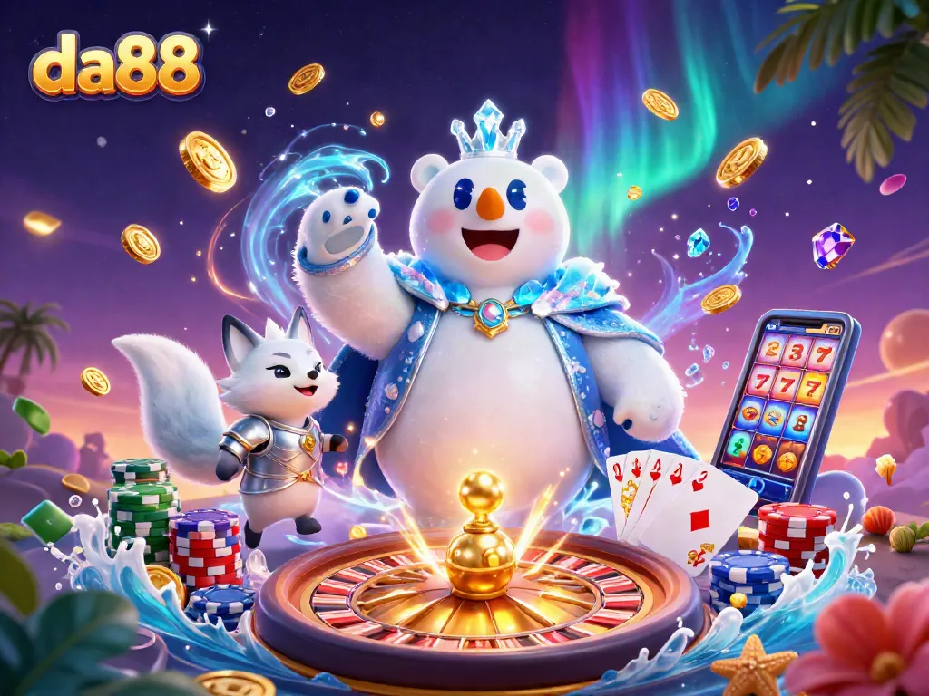 Experience the thrill of da88 with dynamic games and golden rewards in this colorful casino scene.