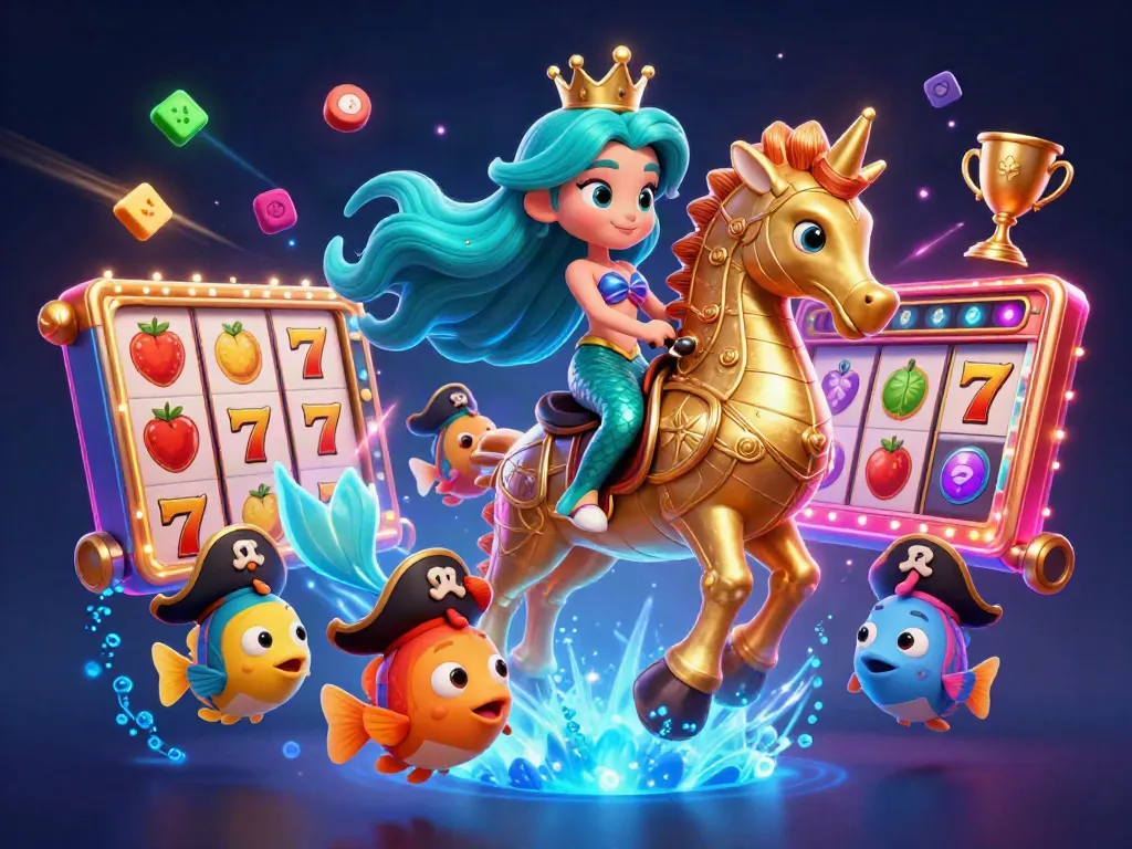 Experience the dynamic world of polostoto with a mermaid princess and seahorse amongst vibrant slot game elements.