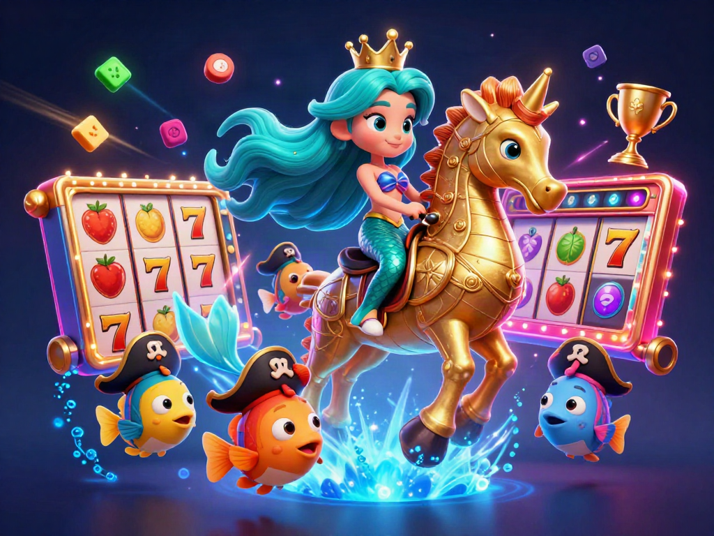 Experience the dynamic world of polostoto with a mermaid princess and seahorse amongst vibrant slot game elements.