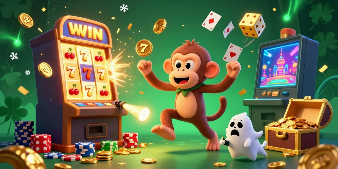 IWIN game adventure with a mischievous monkey and ghost-hunter puppy amidst jackpot chaos in a lively casino.