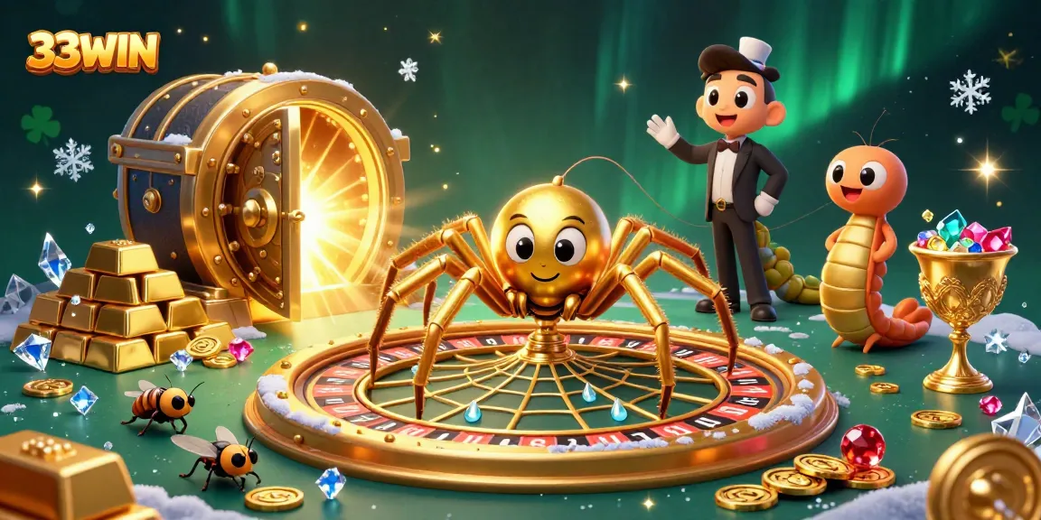 Experience the excitement of 33WIN with a vibrant roulette scene featuring a golden spider, croupier, and betting fly.