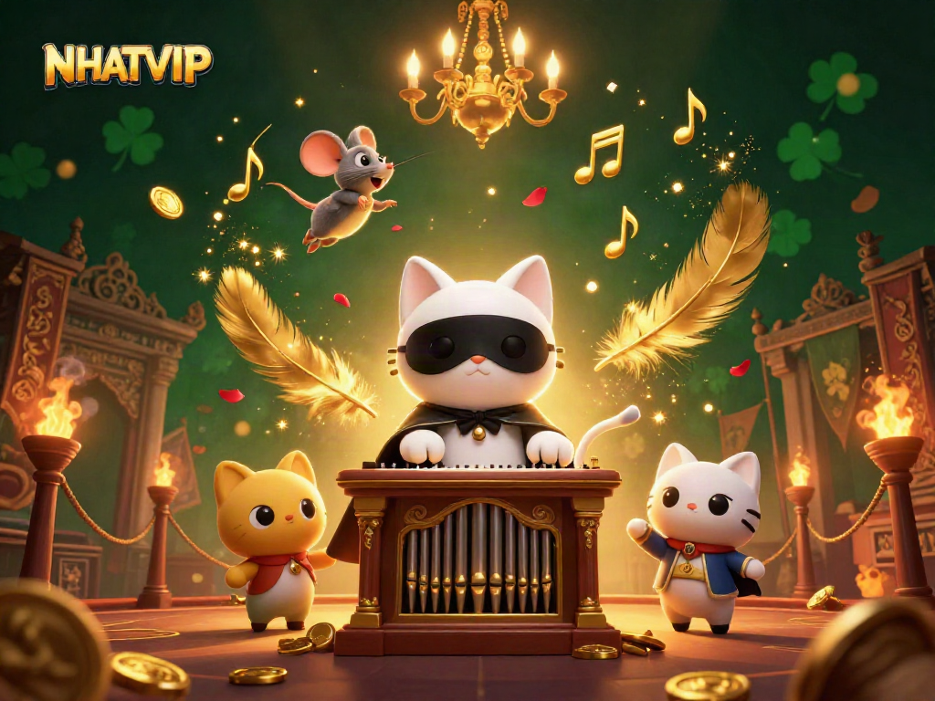 Experience the excitement of NHATVIP with a vibrant casino scene featuring a stylish white cat and dynamic elements.