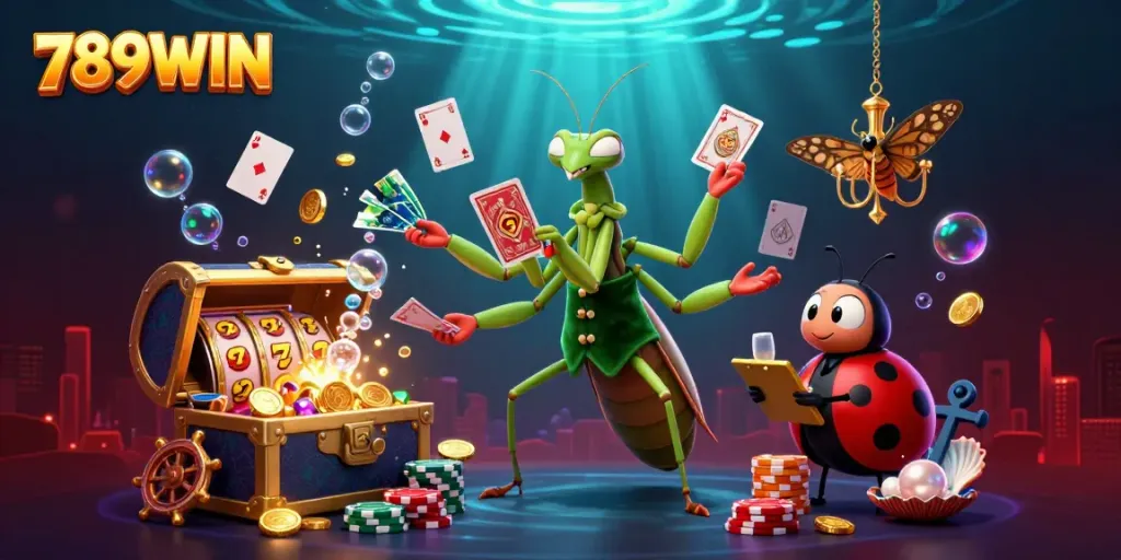 Experience the thrilling environment of 789WIN with vibrant gaming elements like cards and gold coins.
