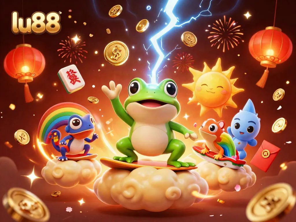 Engage with lu88's vibrant 3D gaming scene featuring a wizard frog with golden coins.