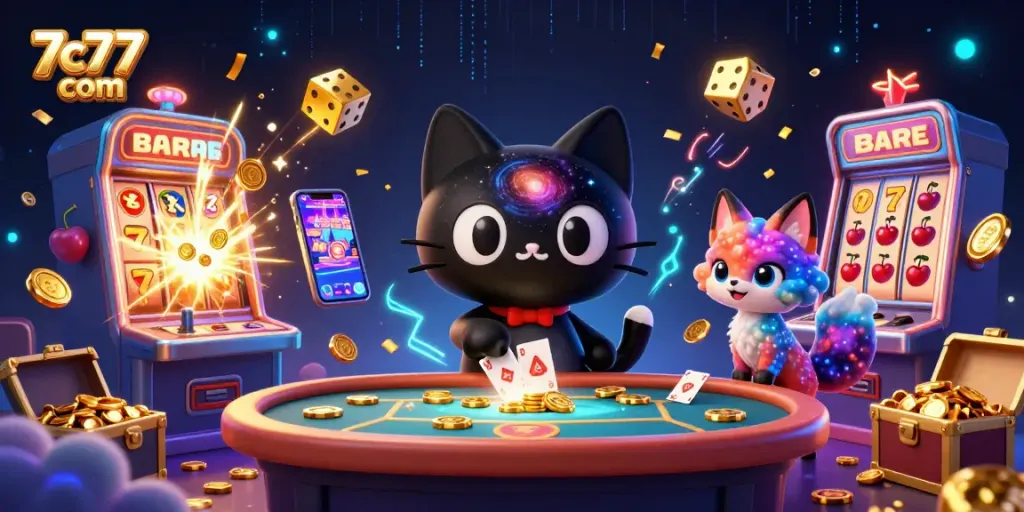 Experience the thrill of 7c77 com with a captivating cosmic casino scene bursting with excitement.