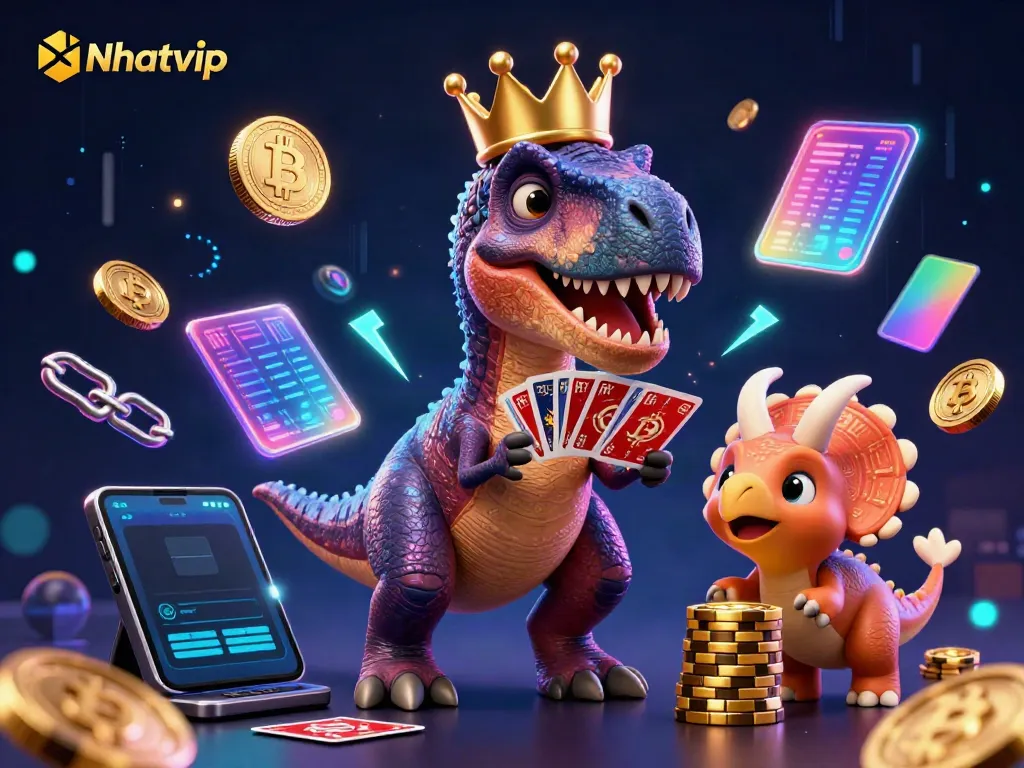 Nhatvip engaging T-Rex shuffles cards while a pterodactyl assists, set in a vibrant 3D casino