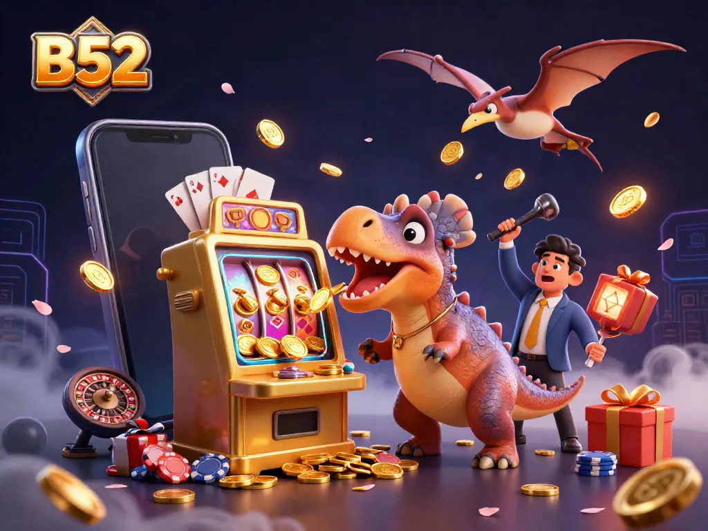 Experience the excitement of B52 as a dinosaur celebrates a jackpot at a vibrant online casino.