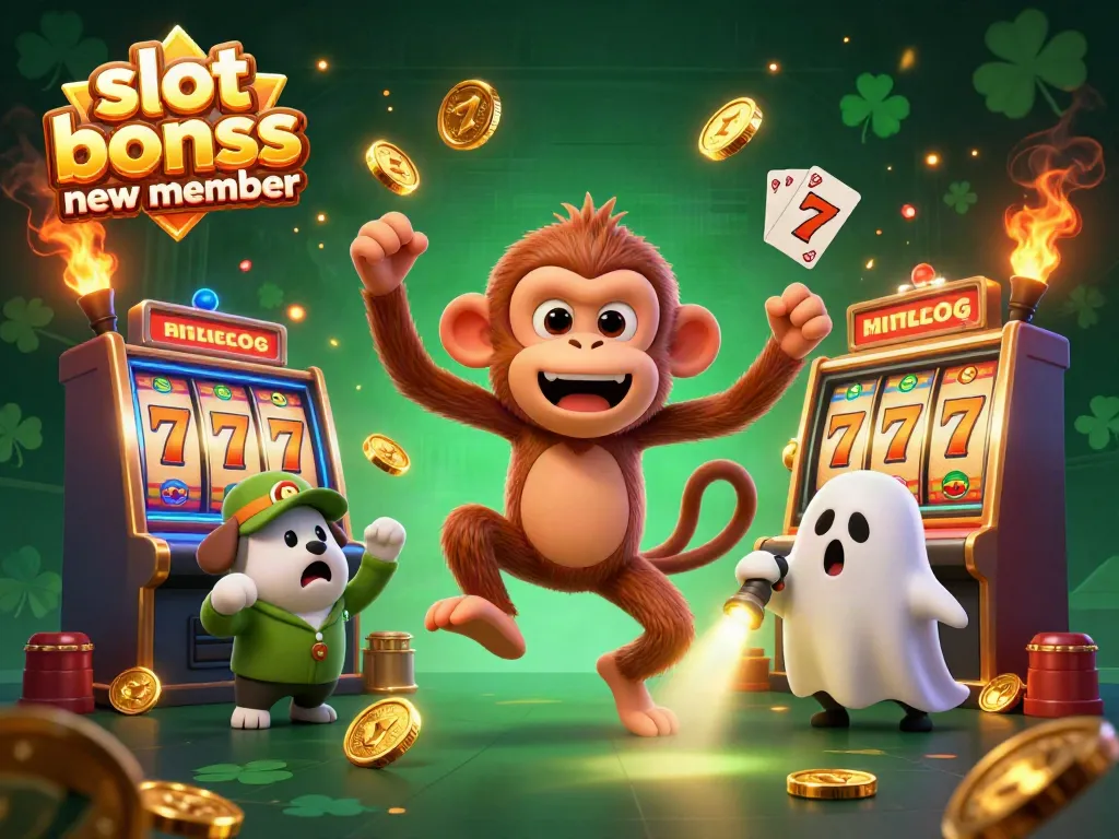 Engage in thrilling play with slot bonus new member at a lively casino, featuring a poltergeist monkey and ghost-hunter puppy.