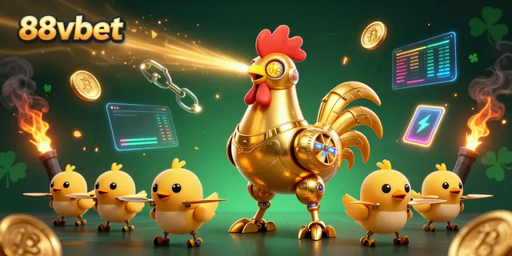 Engage with 88vbet's dynamic casino experience featuring a golden rooster robot and crypto elements.