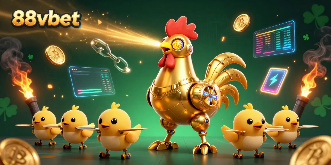 Engage with 88vbet's dynamic casino experience featuring a golden rooster robot and crypto elements.