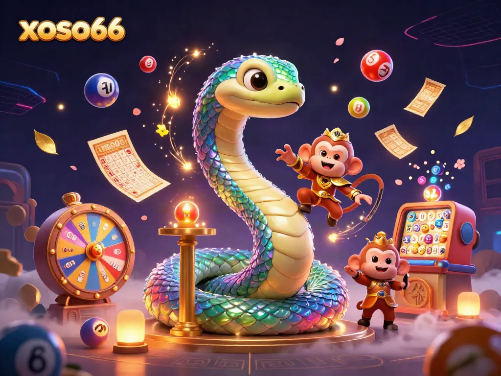 Experience the vibrant world of xoso66 with a magical illustration featuring a rainbow serpent, monkey king, and lottery excitement.