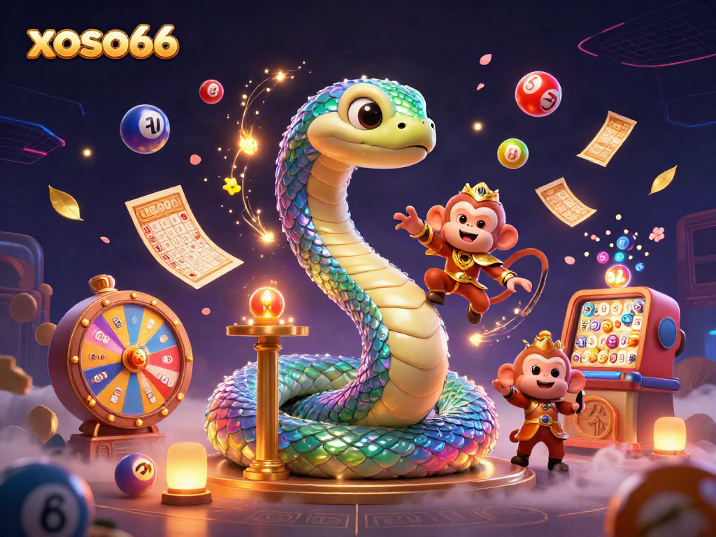 Experience the vibrant world of xoso66 with a magical illustration featuring a rainbow serpent, monkey king, and lottery excitement.
