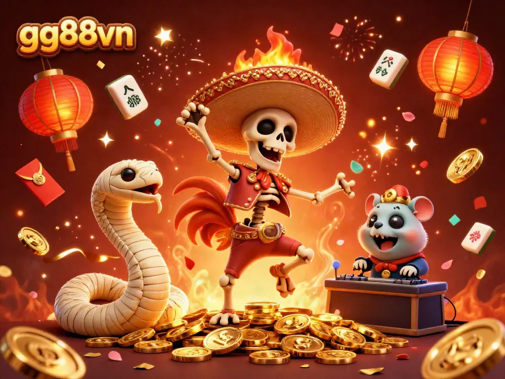 Celebrate winnings at gg88vn with dynamic 3D illustration of a festive online casino scene.