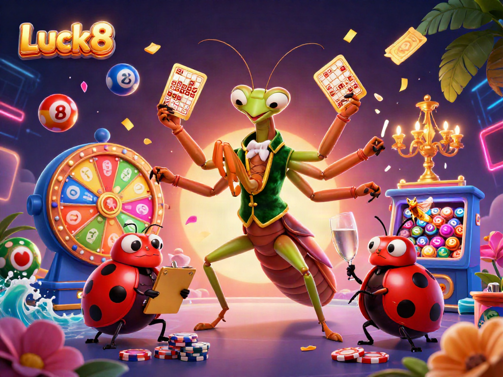 Luck8’s vibrant casino scene features a giant praying mantis card sharp, captivating players with dynamic games and excitement.