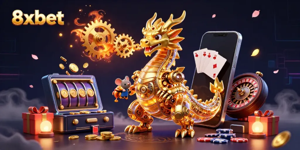 Engage with 8xbet's thrilling gaming experience featuring a golden dragon and engineer amidst casino elements