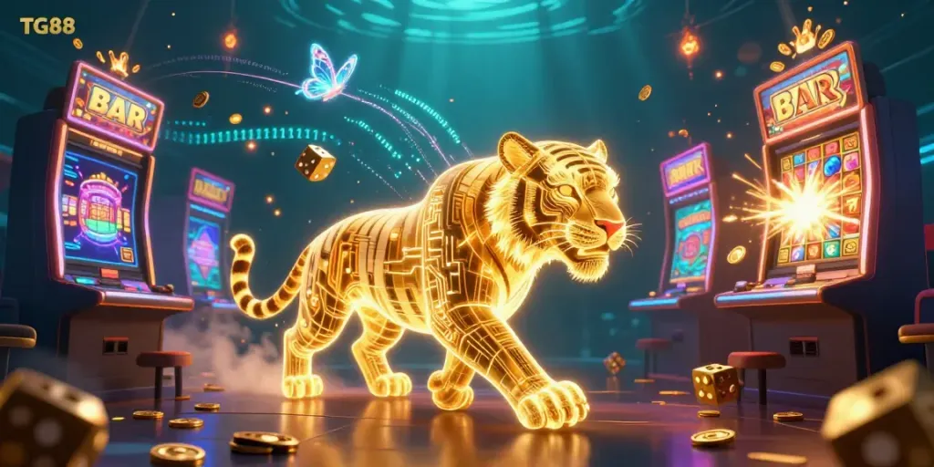 Experience the vibrant energy of TG88 with a captivating digital casino scene showcasing neon elements and jackpot excitement.