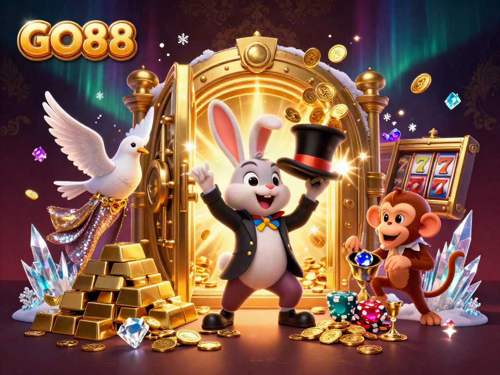 Experience the thrilling GO88 magic with a vibrant casino scene featuring playful characters and sparkling treasures.