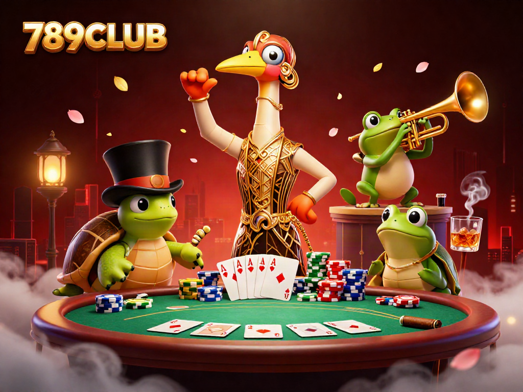 Experience the excitement of 789CLUB through vibrant casino characters at a speakeasy bar with poker elements.