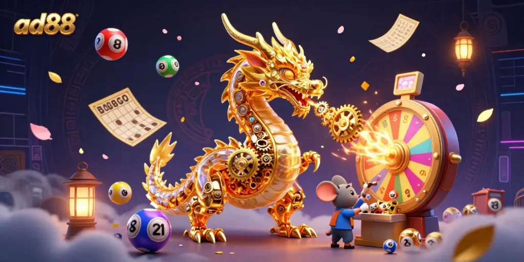 Play exciting lottery games with ad88 in vibrant 3D illustration featuring dynamic elements and golden dragon.