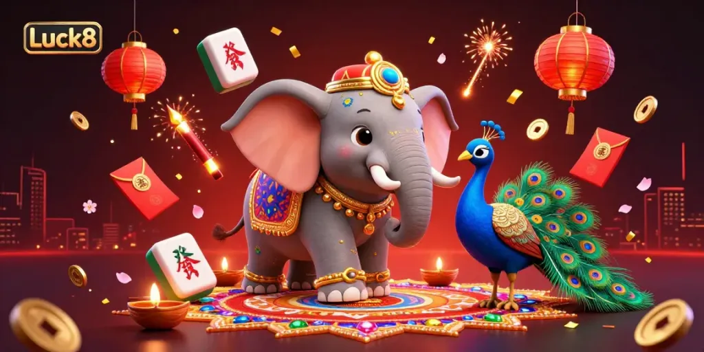 Experience the vibrant Luck8 atmosphere with an ornate Diwali elephant, peacock, and casino elements.
