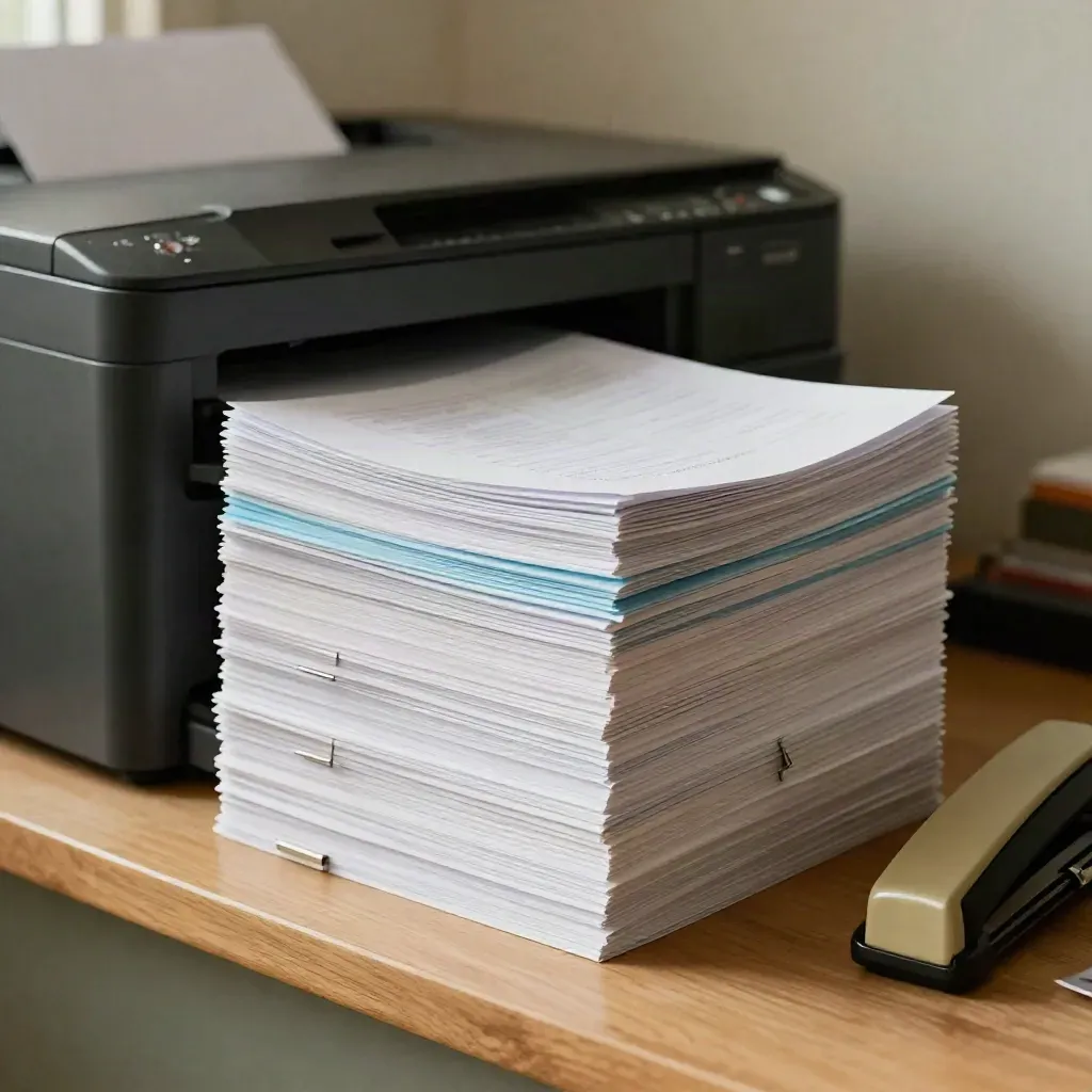 Stacja drukowania kart pracy PDF z plikiem kartek i gilotyną