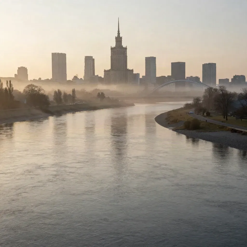 Mglisty poranek nad Wisłą i panoramą Warszawy w Mazowszu.