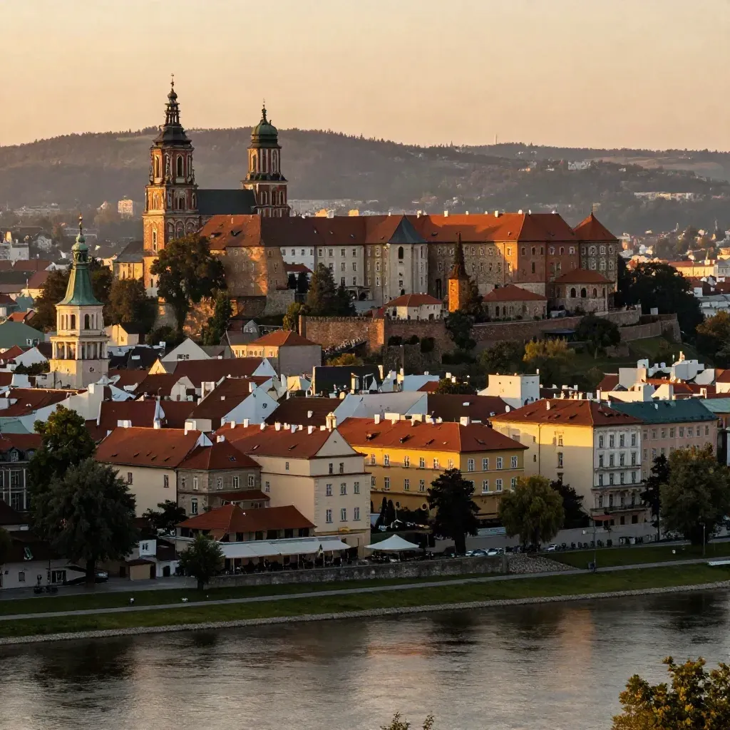 Kraków i Wawel o zachodzie nad Wisłą, złote światło i mgła nad Małopolską