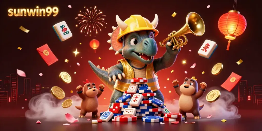 Experience the sunwin99 casino excitement with a triceratops building poker chip pyramids.