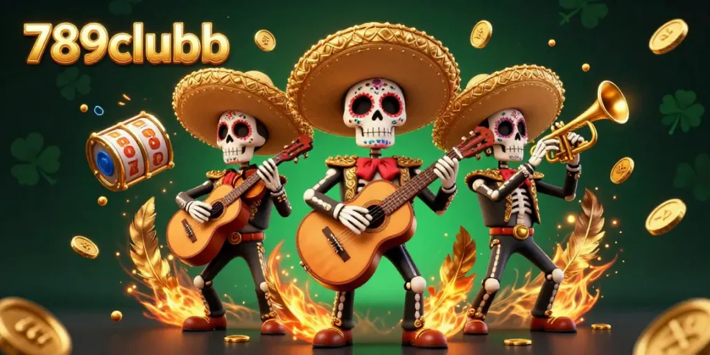 Engage with 789clubb through vibrant 3D illustrations featuring a lively mariachi band amidst dynamic casino elements.