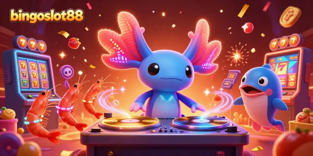 Menggoda kesempatan emas di bingoslot88 dengan DJ axolotl neon yang ceria dan berbagai elemen permainan yang menarik.