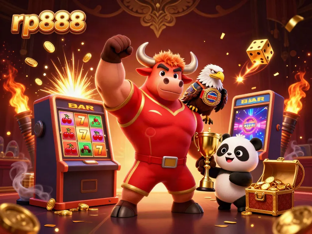 Experience the excitement of rp888 with a dynamic casino scene featuring a bull mascot, eagle, and panda amidst slot machines and confetti.