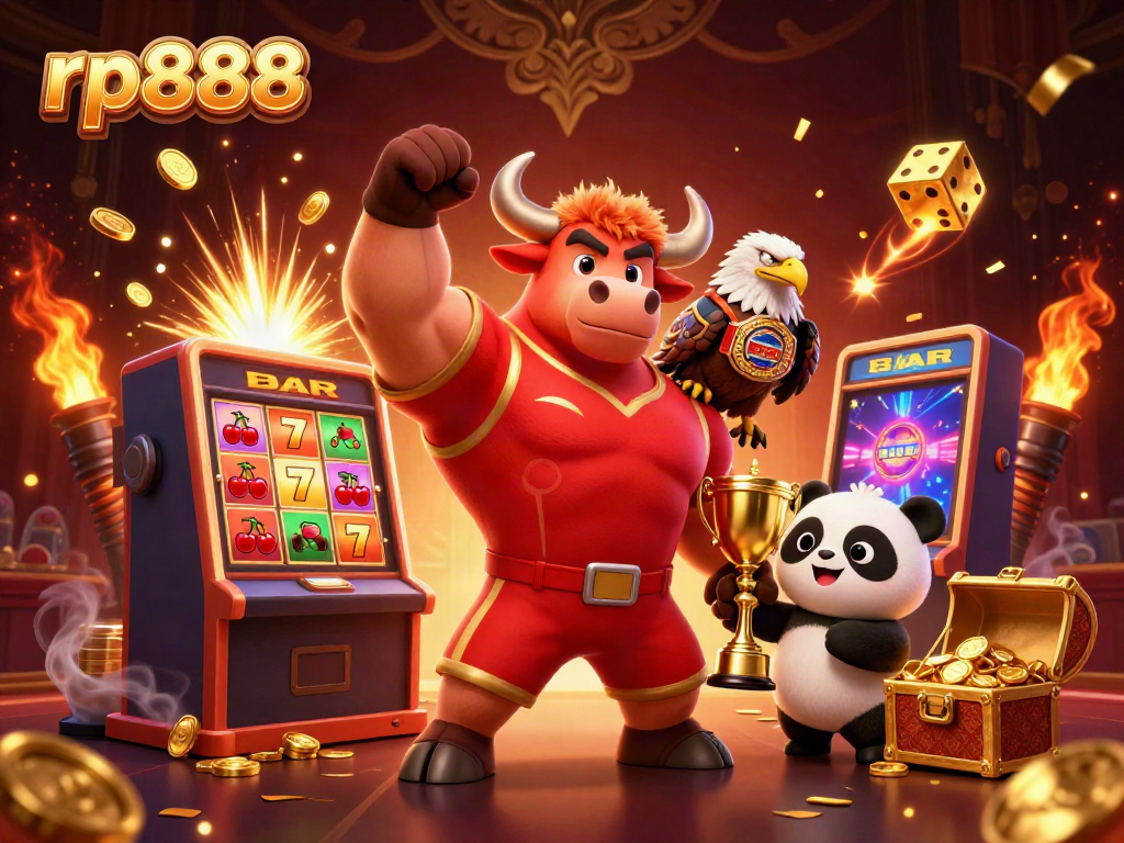 Experience the excitement of rp888 with a dynamic casino scene featuring a bull mascot, eagle, and panda amidst slot machines and confetti.
