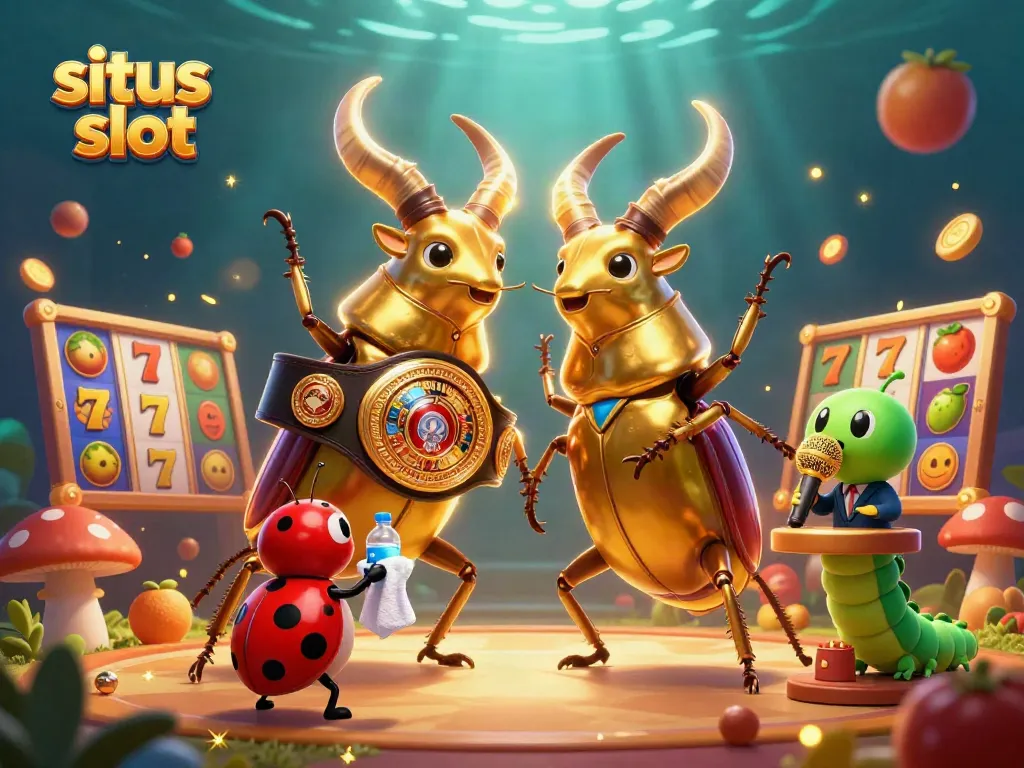Menangkan situs slot dengan gulungan slot, jackpot, dan simbol buah di arena kompetisi.