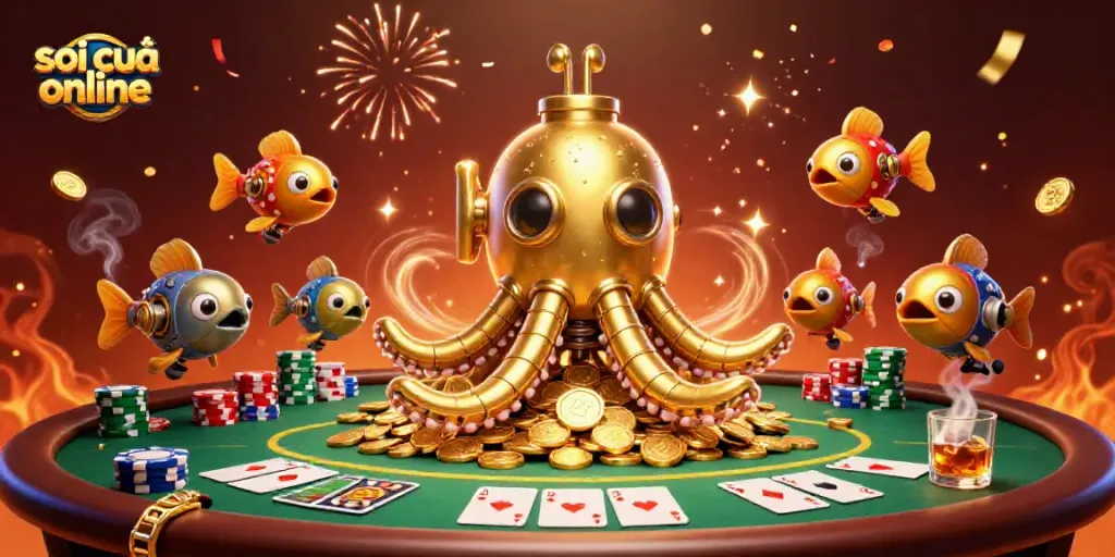 Engage with soi cầu online through an exciting scene of a golden kraken submarine amidst poker elements.
