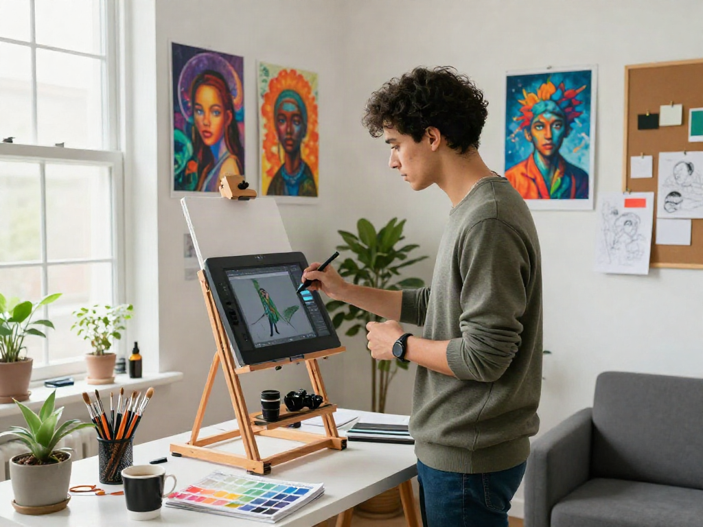 Dynamic scene of an artist creating AI-generated art in a vibrant studio setting, showcasing innovative design and creative energy, representing ai 18+