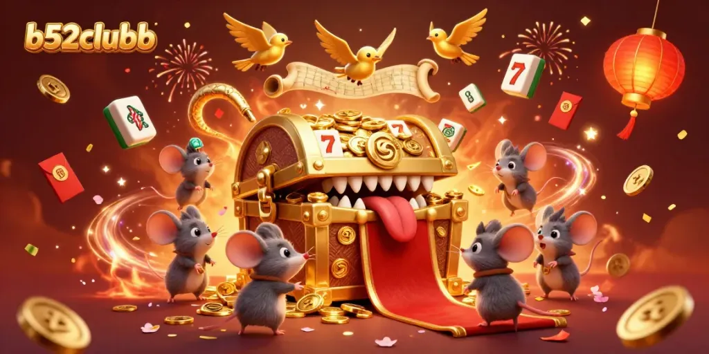 Engage with b52clubb's 3D illustration featuring a magical casino scene full of lucky symbols and festive elements.