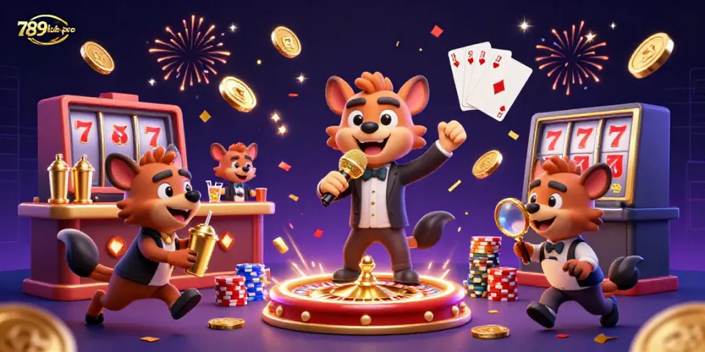 Experience the vibrant energy of 789lub-pro with hyenas entertaining in a comedy casino club.