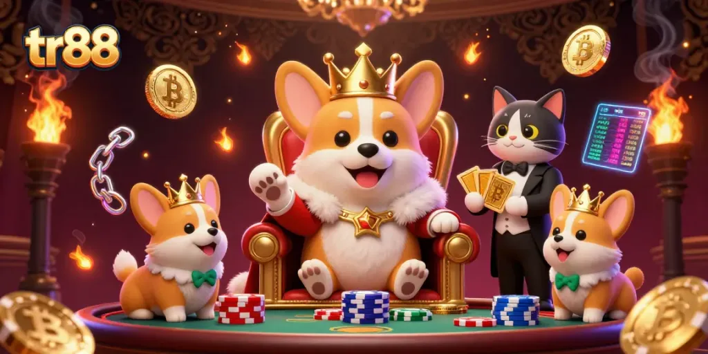 Engage with exclusive tr88 casino games featuring a royal corgi, vibrant crypto elements, and dynamic gameplay atmosphere.