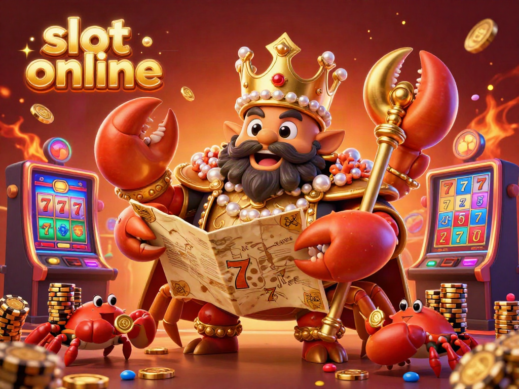 Engaging scene of slot online with a golden crab emperor, colorful slot machines, and vibrant casino elements.