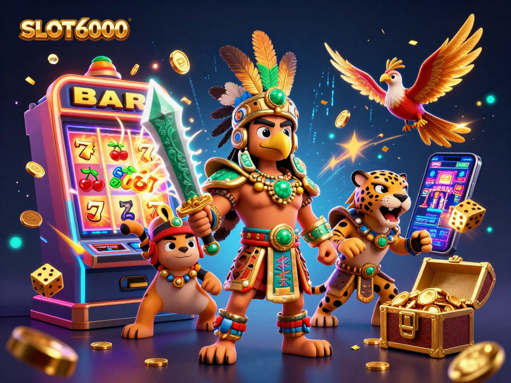 SLOT6000 boosts excitement with a vibrant jackpot explosion and dynamic 3D characters in action.