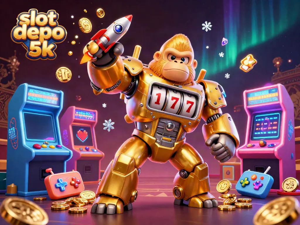 Engage with thrilling games on slot depo 5k featuring a dynamic golden gorilla mech and vibrant arcade machines.