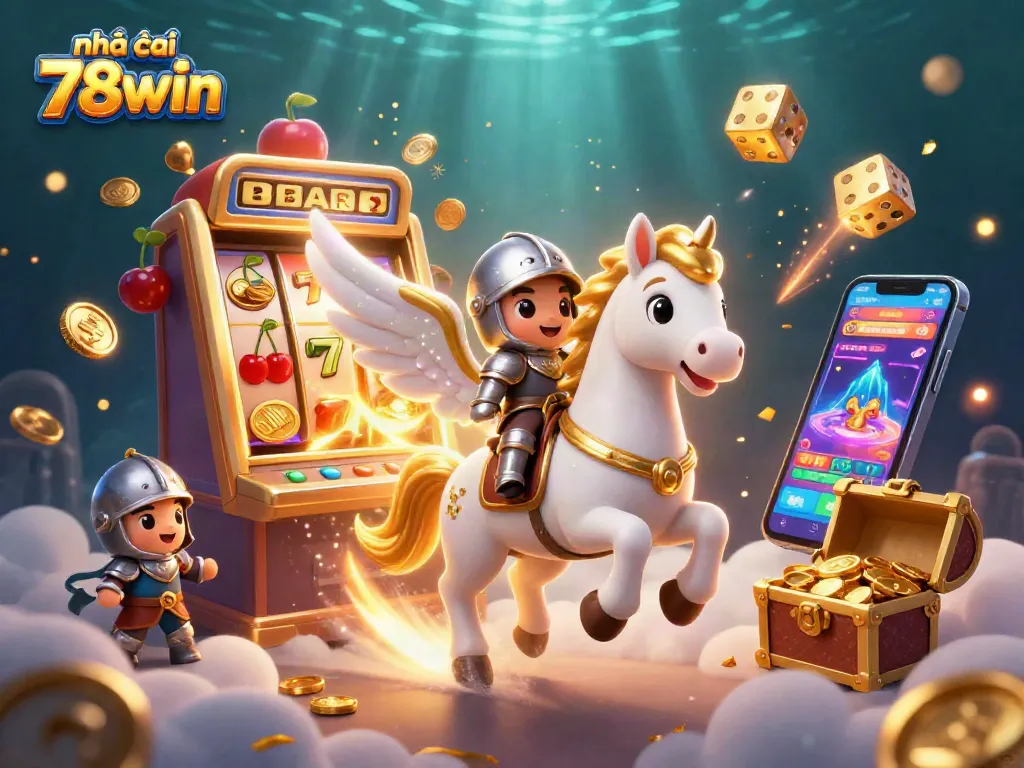 Experience exciting gameplay with nhà cái 78win as a celestial knight rides through a casino world bursting with rewards.