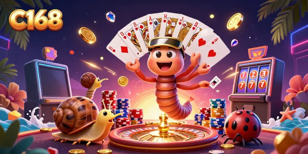 C168's exciting online casino scene featuring a millipede dealer and high-rolling snail amid vibrant gaming elements.
