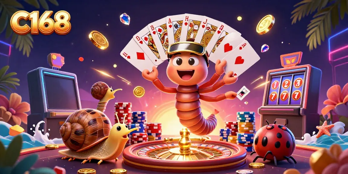 C168's exciting online casino scene featuring a millipede dealer and high-rolling snail amid vibrant gaming elements.
