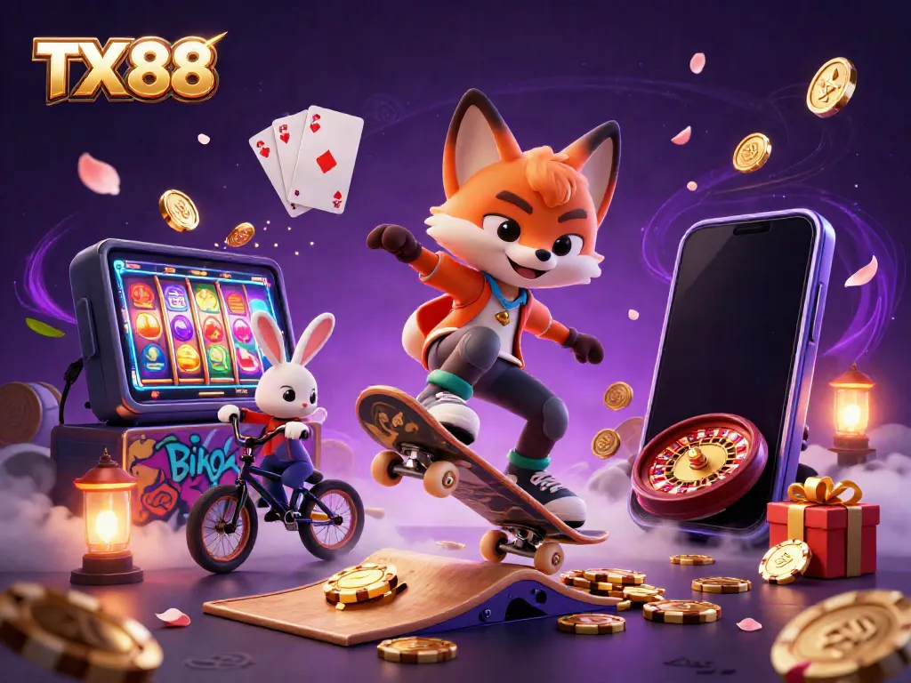 TX 88 casino-themed digital illustration with vibrant characters and gaming elements in action.